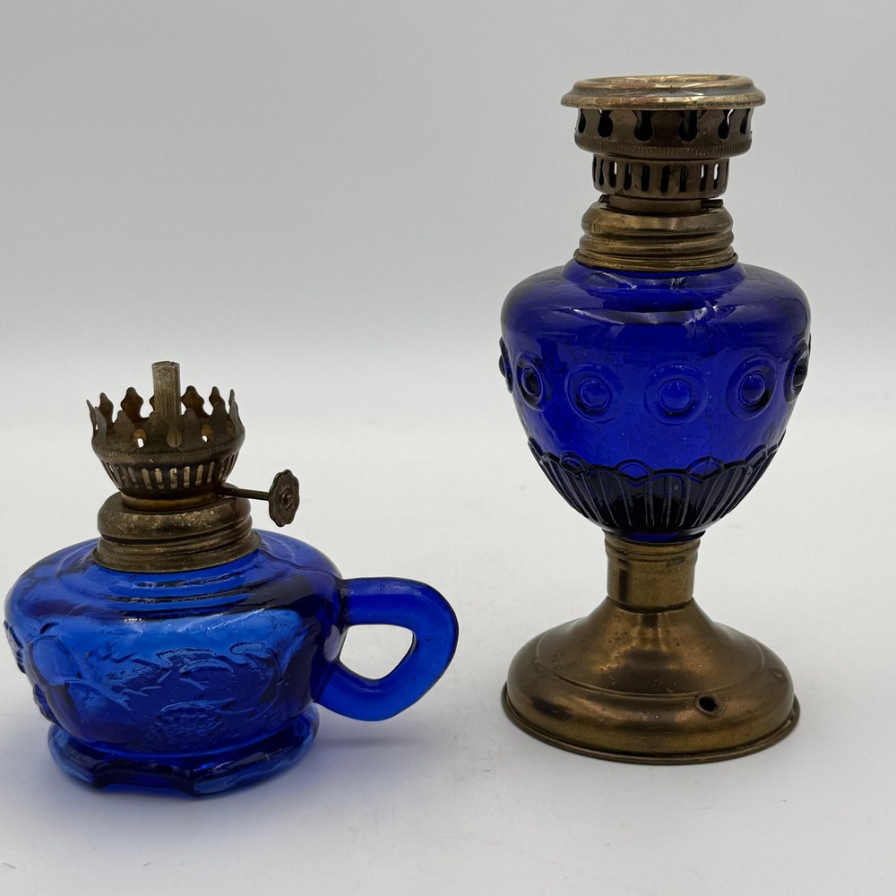 Vintage Cobalt Blue Glass Miniature Oil Lamp Set Grape Pattern Pedestal Brass